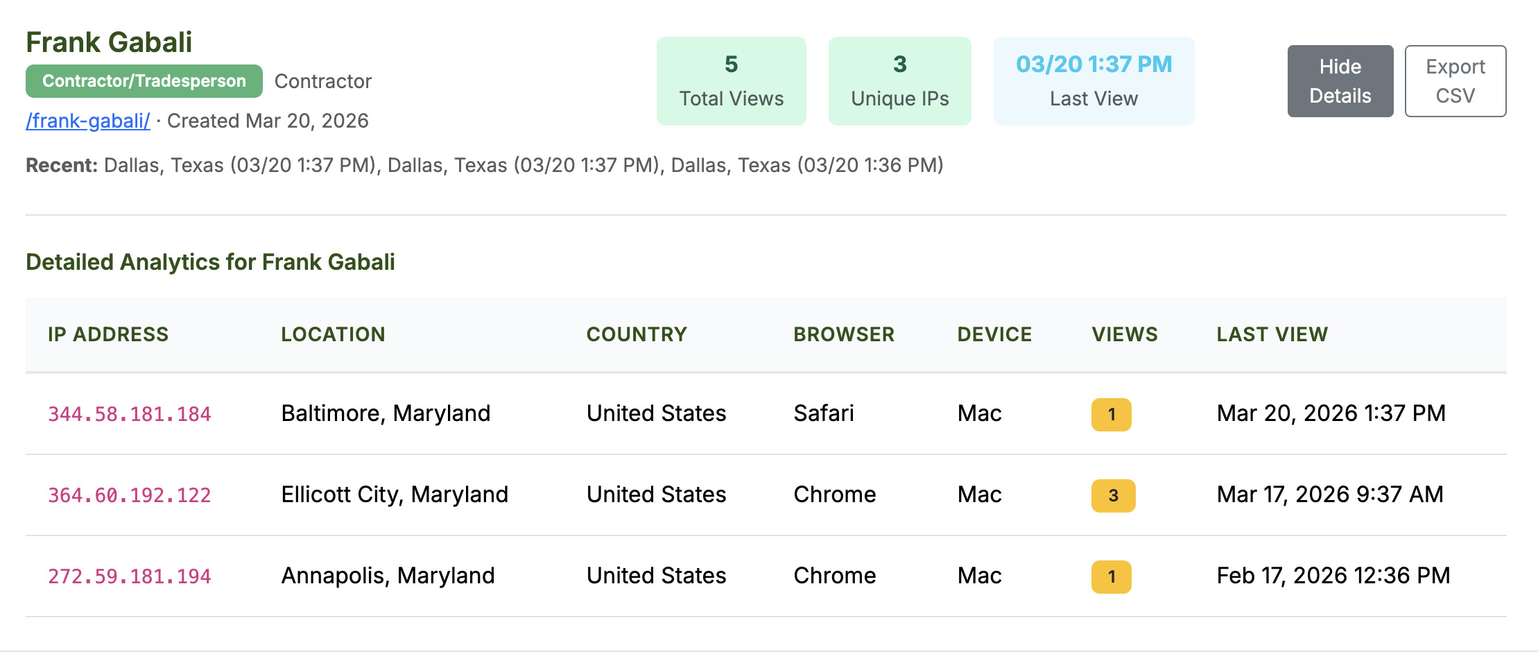 vCard Garden analytics dashboard showing page views by location, device, and date for a contractor