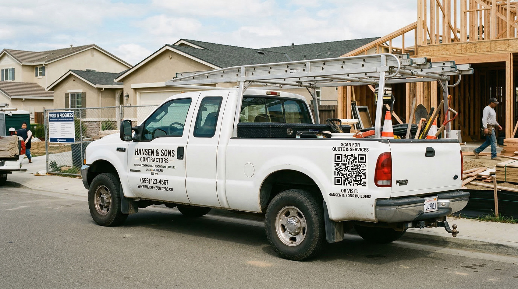 Contractor's truck with company branding and a QR code on the tailgate at a job site
