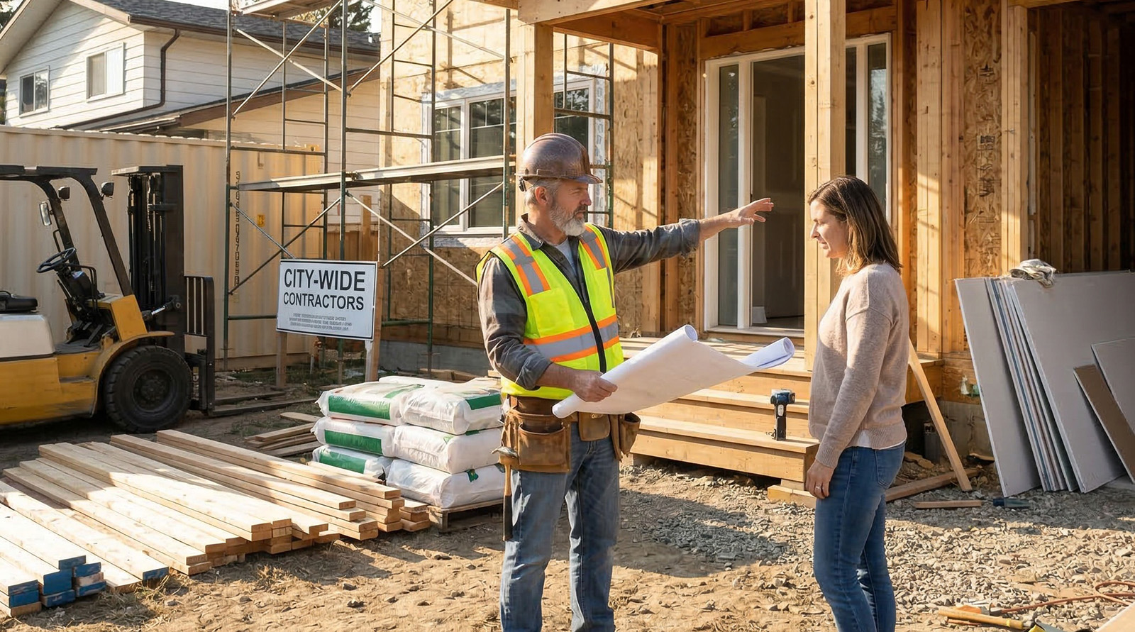 General contractor talking to a homeowner at a job site with blueprints