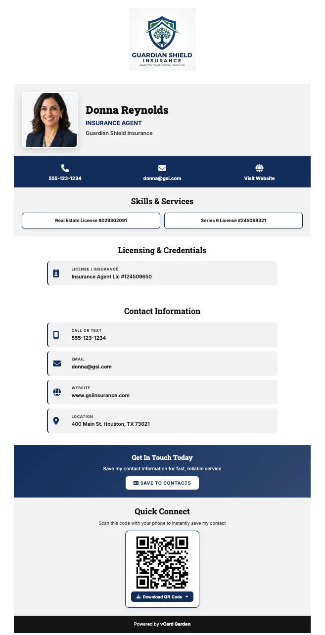 A full contact page on a phone showing a photo, company logo, job title, bio, phone, email, address and social links