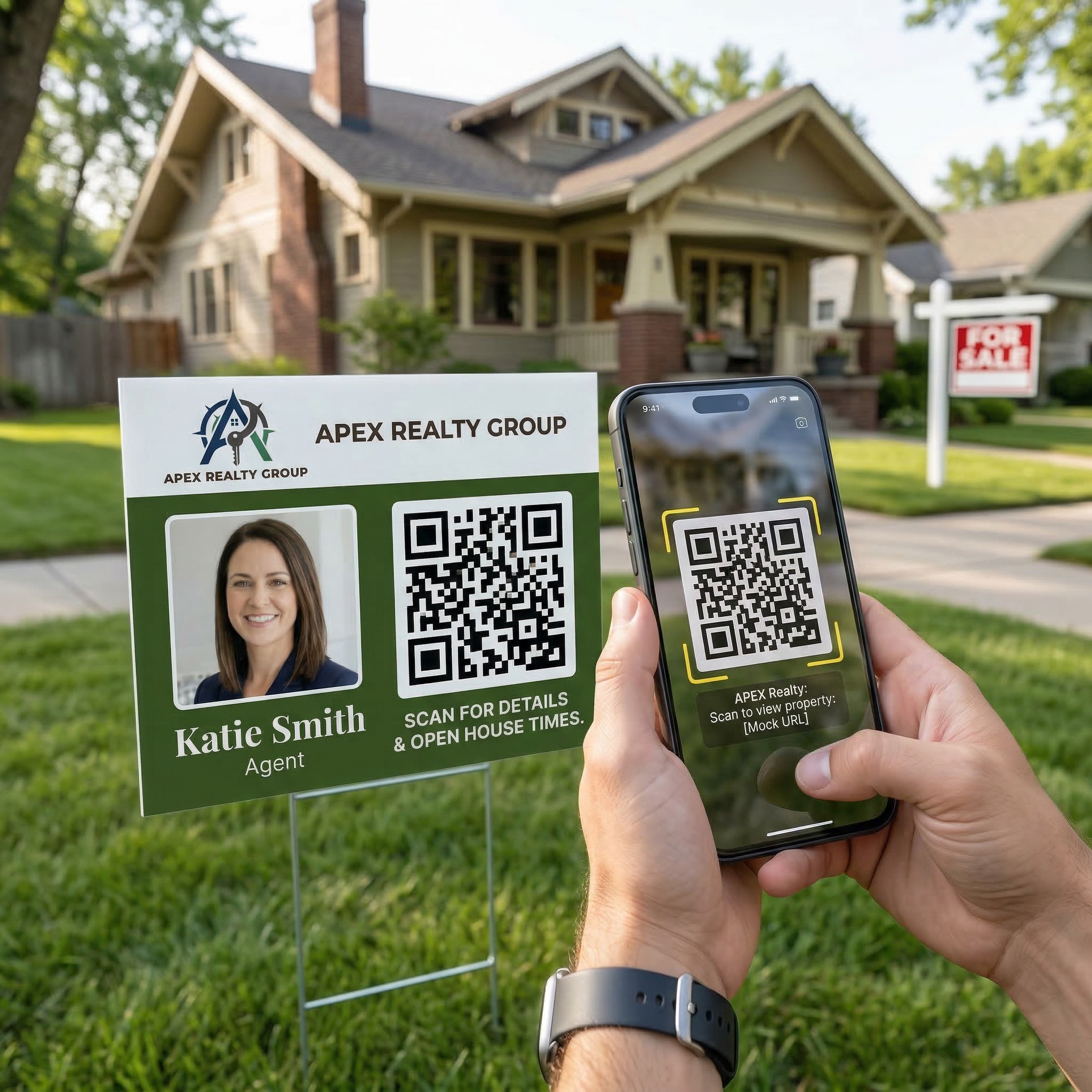Buyer scanning a realtor's QR code on a yard sign in front of a house for sale