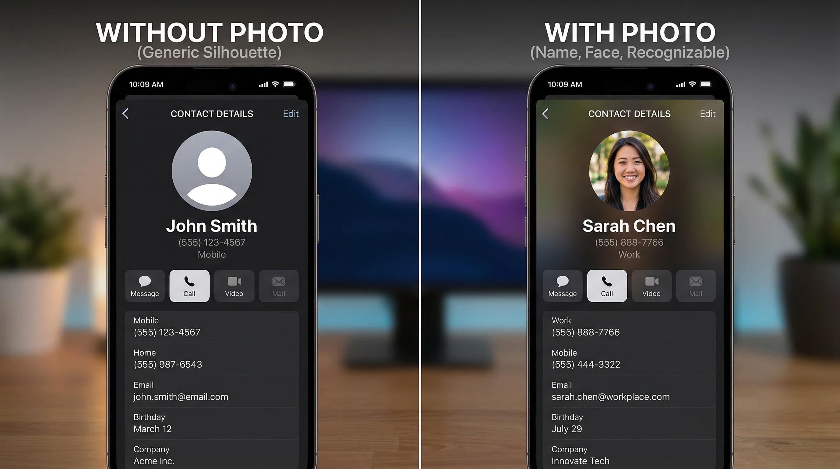 Side by side phone contacts — one without a photo showing a generic silhouette, one with a photo showing the person's face