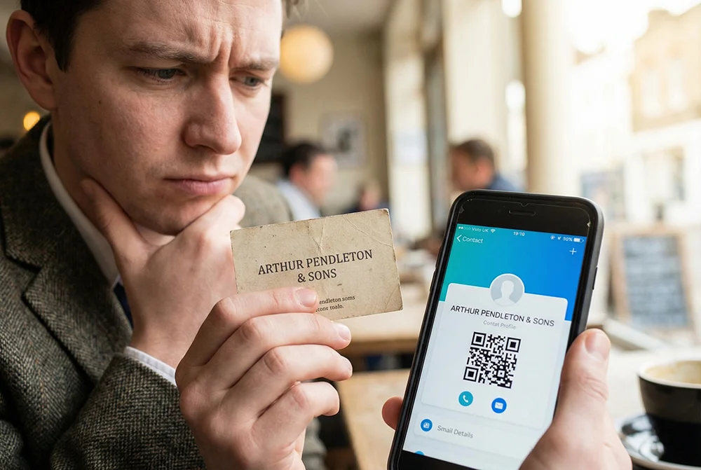 Professional holding a paper business card and considering whether traditional business cards are still worth the investment