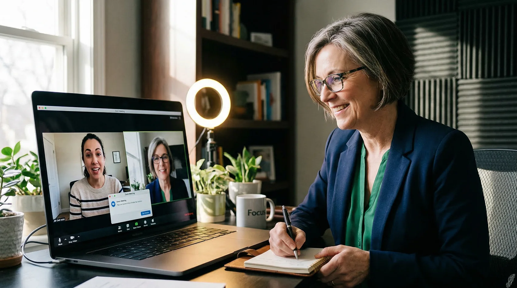 Coach in a virtual coaching session with a client on a video call from a professional home office