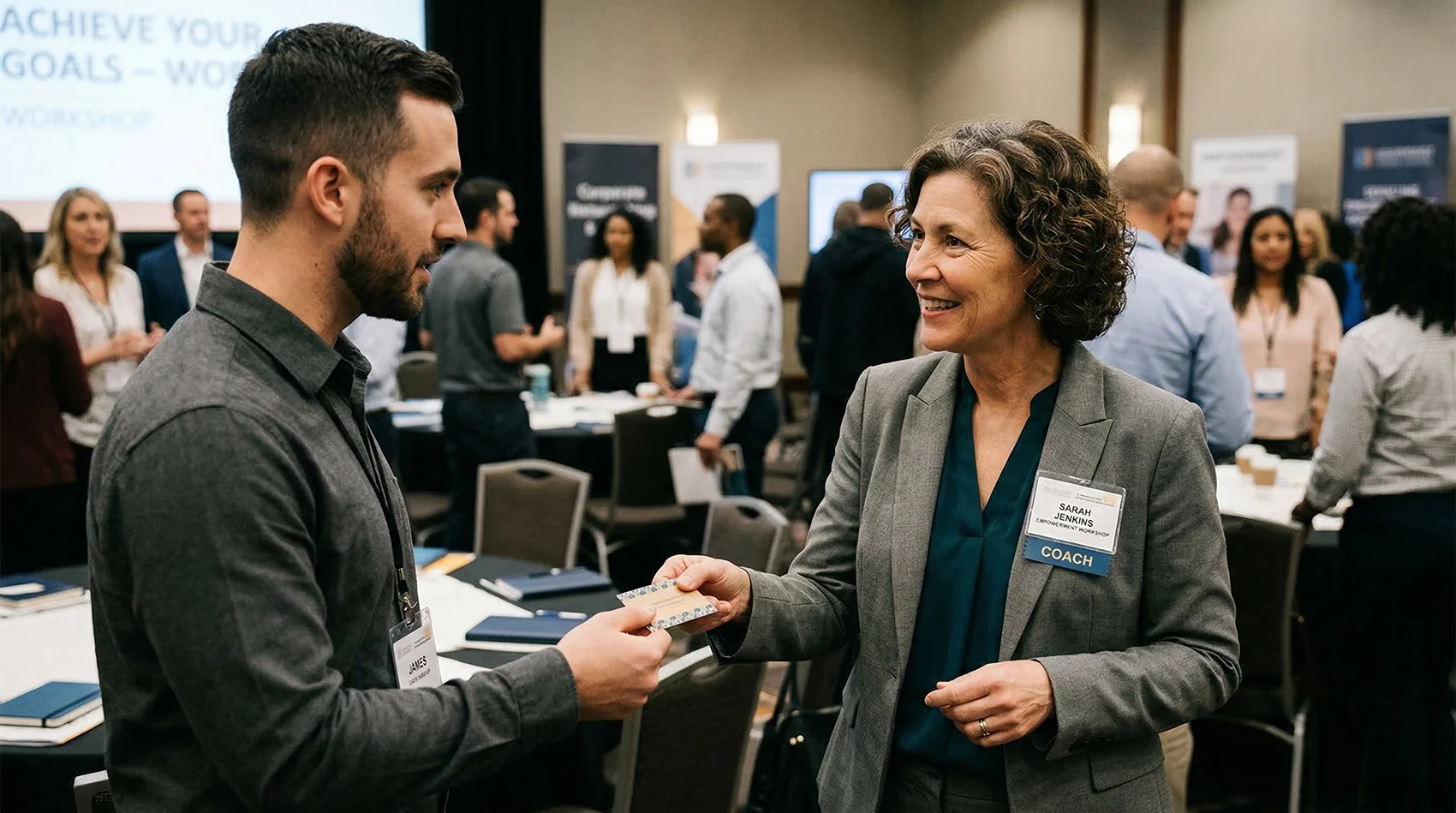 Coach exchanging a business card with a participant at a professional workshop and networking event