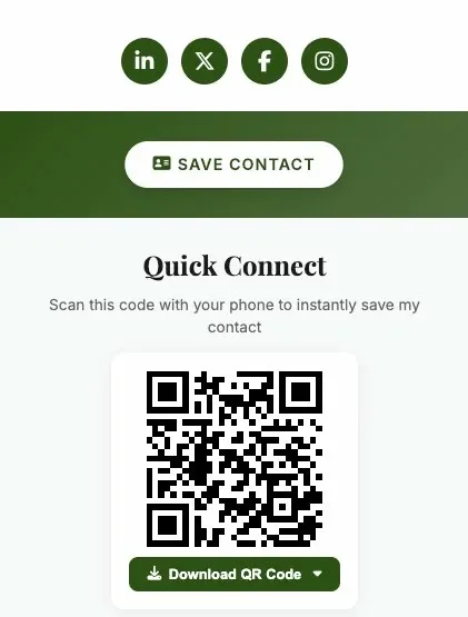 Contact section of a realtor digital business card showing tappable phone, email, website, and address buttons with social media links