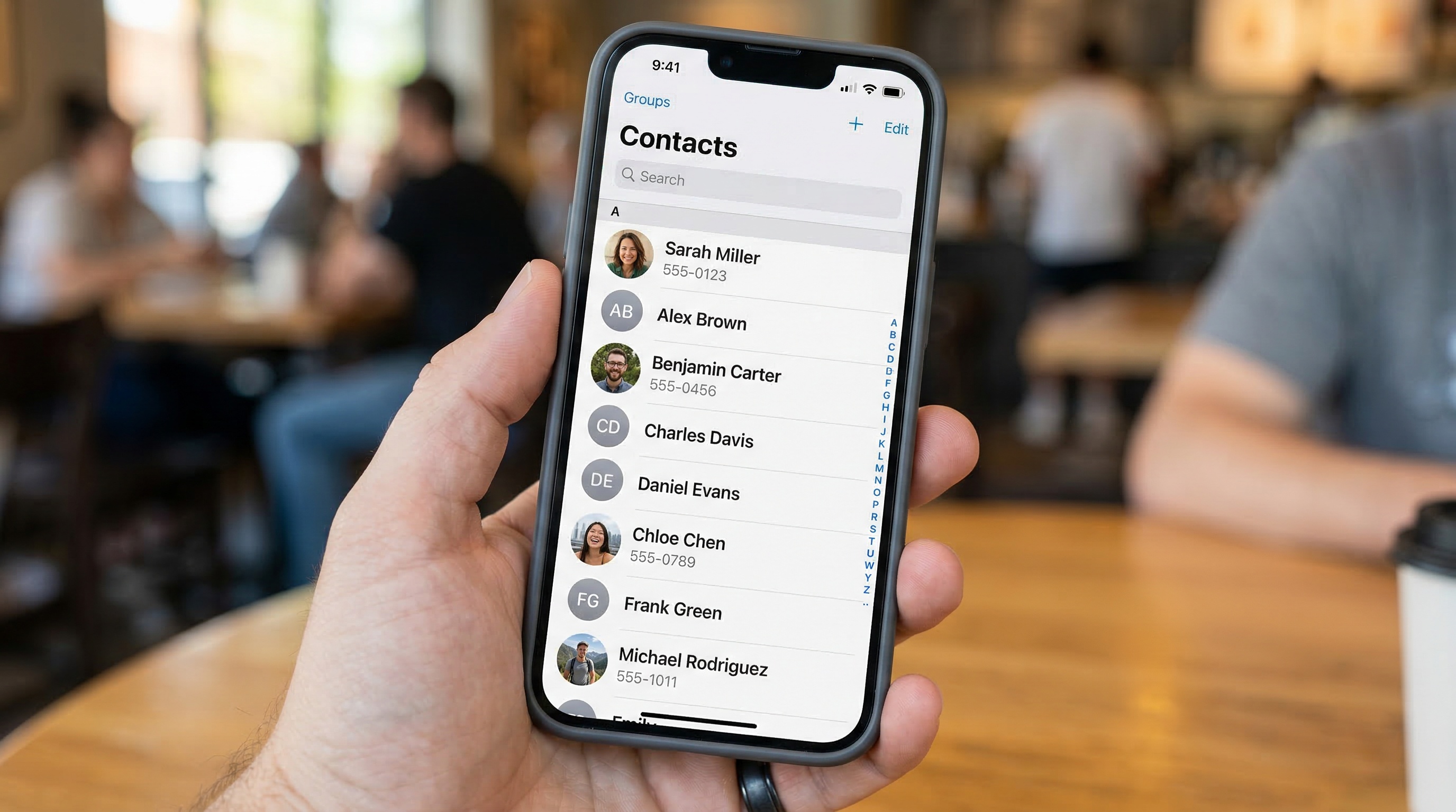 Phone contacts list showing some contacts with photos and some with generic initials