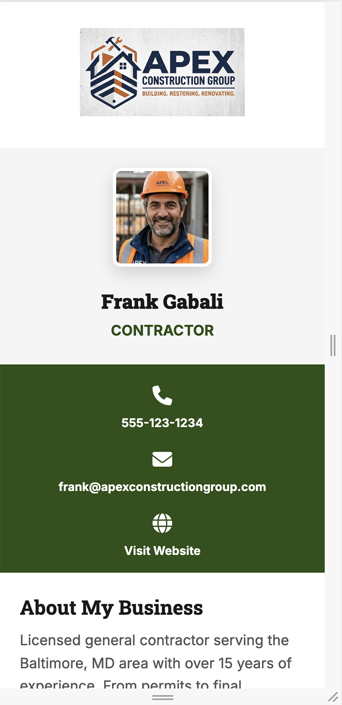 vCard Garden digital business card for a general contractor showing photo, company logo, contact info, and services