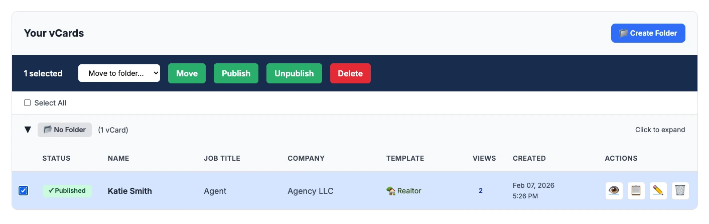 vCard Garden dashboard showing published cards with status, views, and management actions