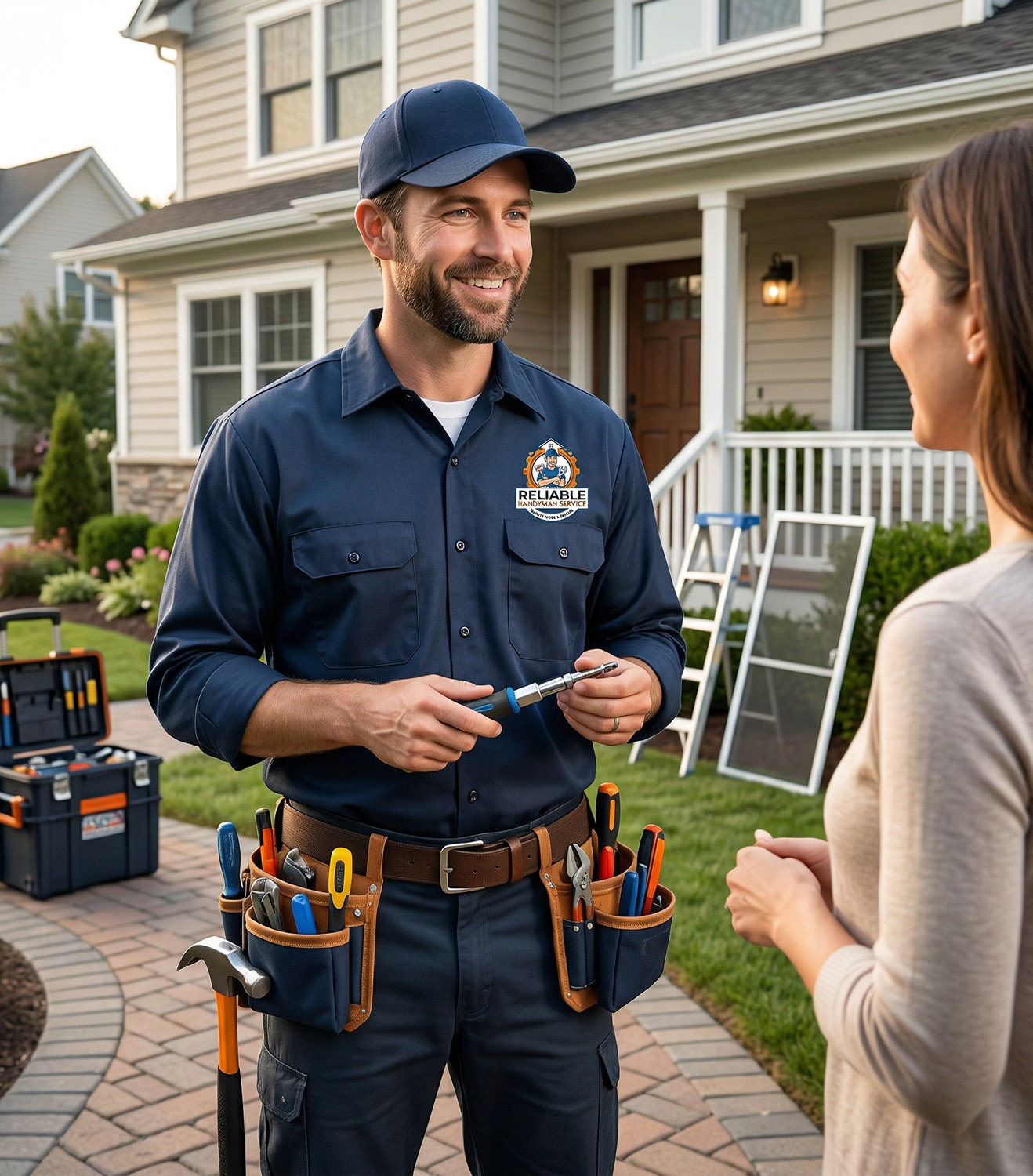 Handyman talking to homeowner at front door after completing repair job