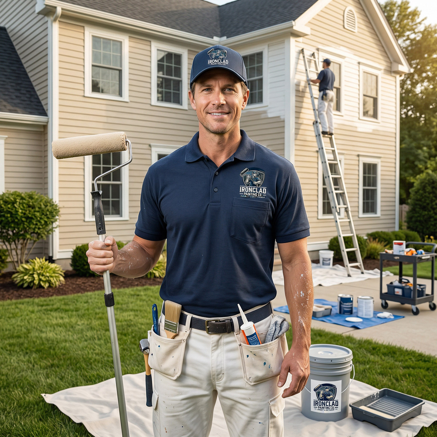 Professional painter at residential job site holding paint roller