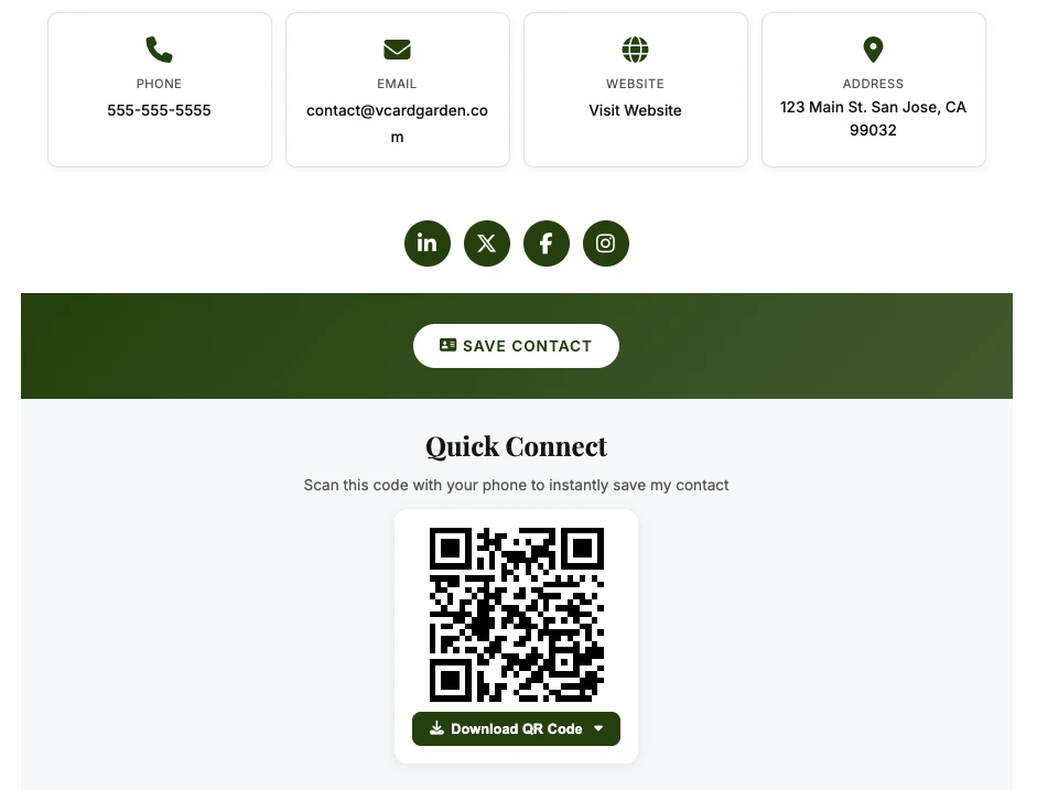 vCard Garden page showing Save Contact button, social media links, QR code, and Download QR Code button