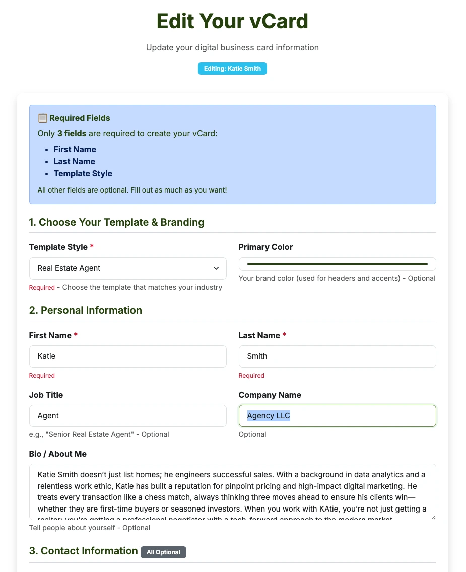 Editing a digital business card on vCard Garden - simple form with name, company, and bio fields