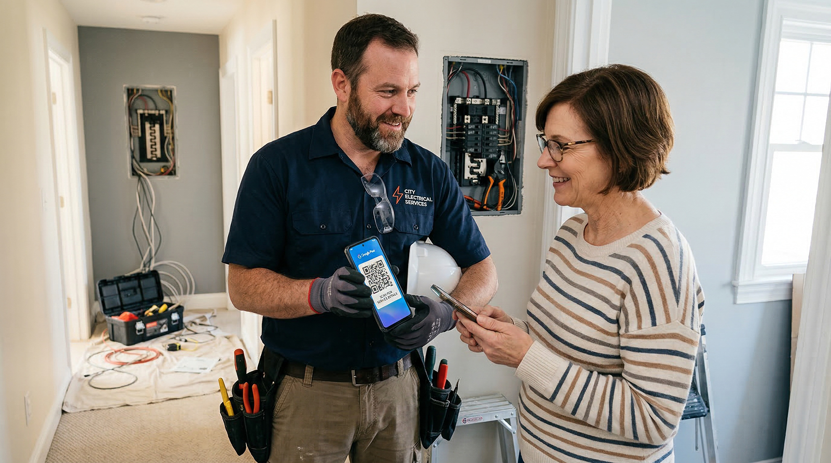 Electrician showing a QR code on his phone to a homeowner at a job site next to an electrical panel