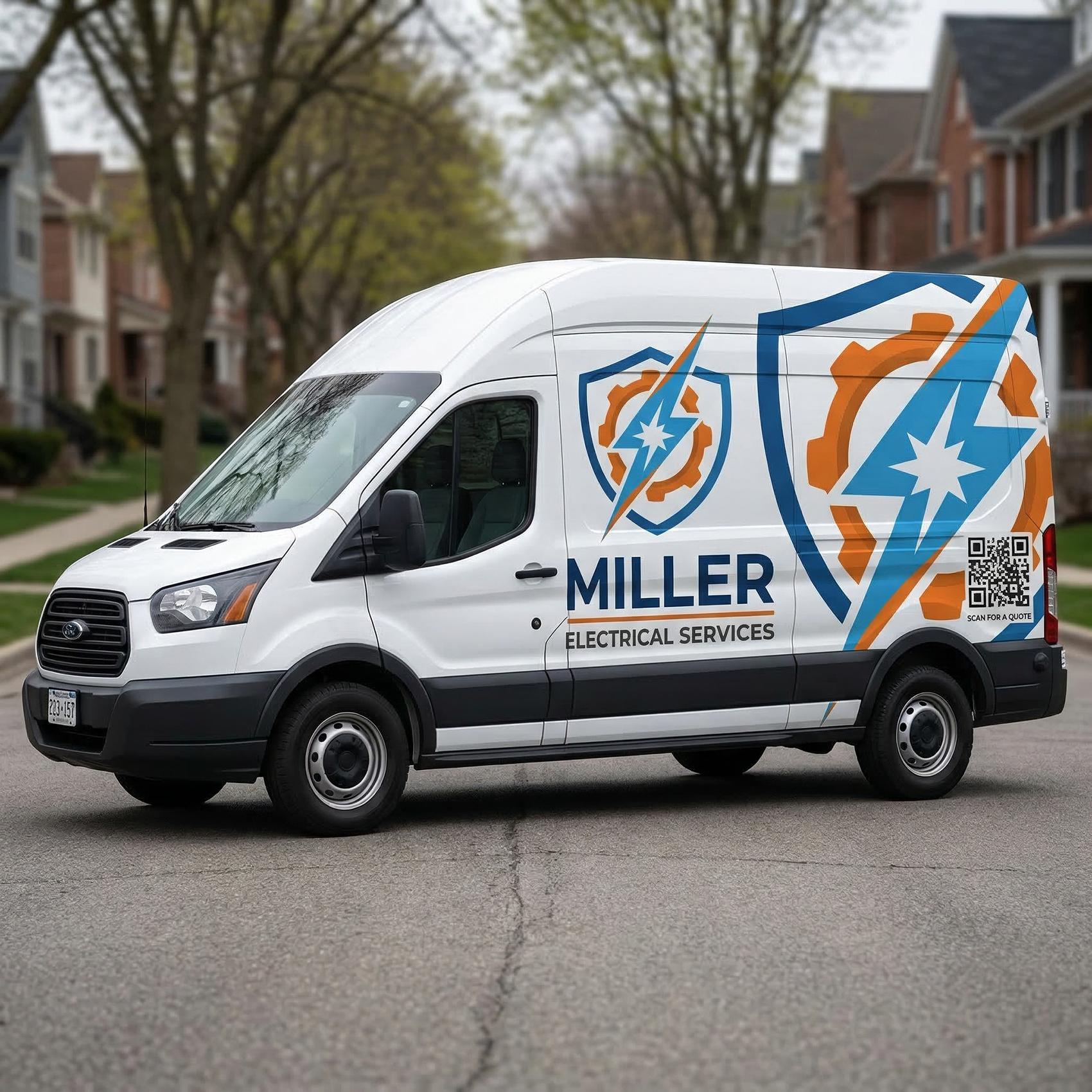 Electrician's van with company branding and a QR code on the side parked in a residential neighborhood
