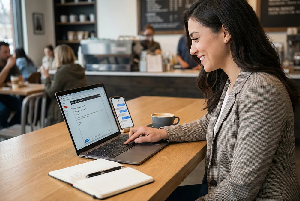 Professional sending follow-up emails on laptop after a networking event with organized contact management