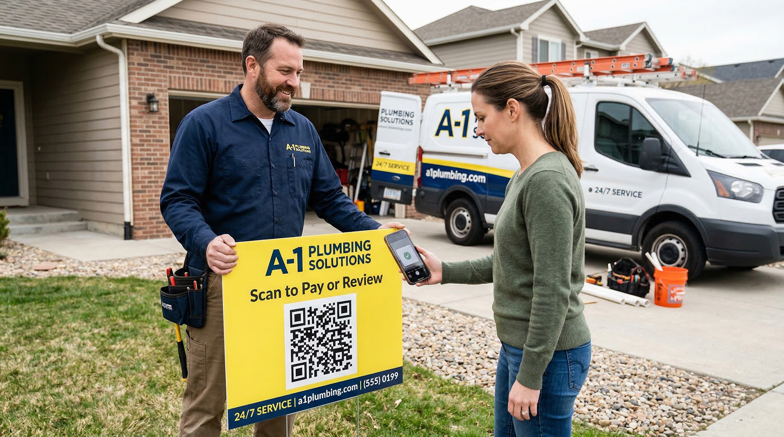 Homeowner scanning plumber's QR code yard sign