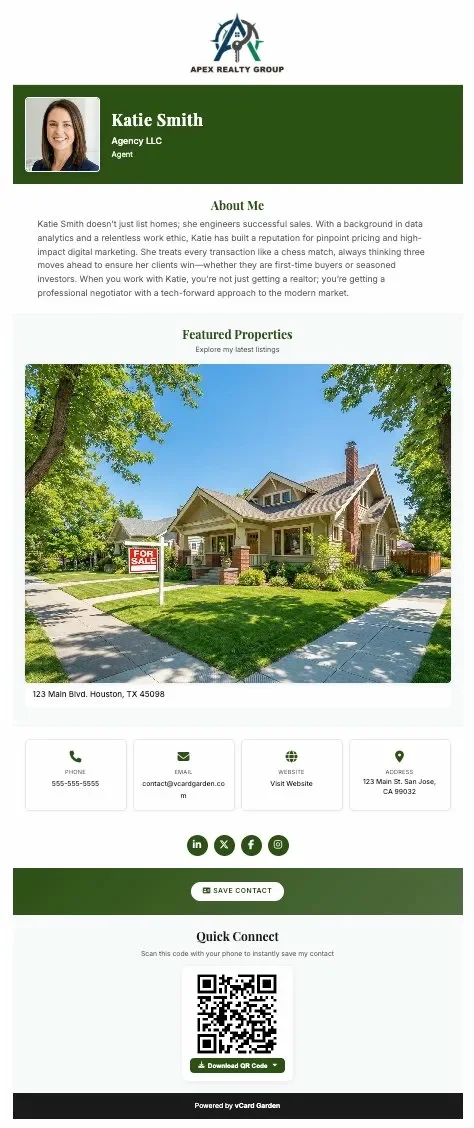 Digital business card for realtors on vCard Garden showing agent profile, bio, featured property listing, contact info, social links, and QR code