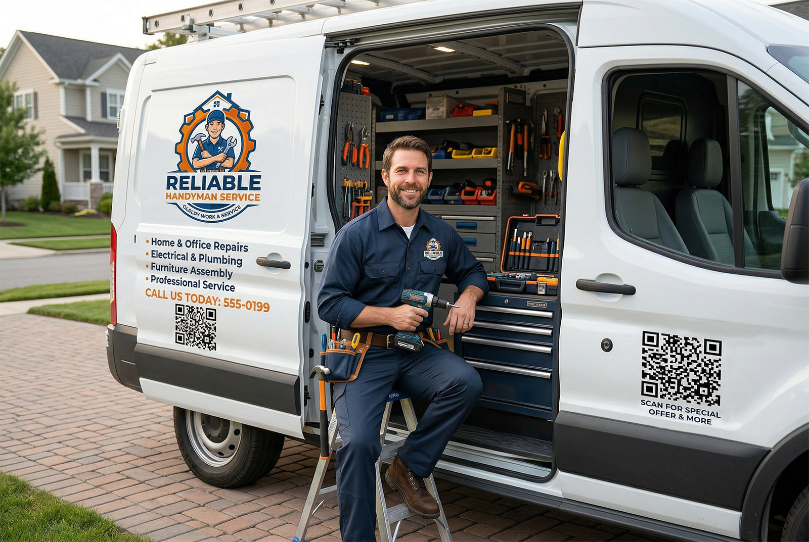 Handyman sitting in work van with QR code and scan for special offer sign on door