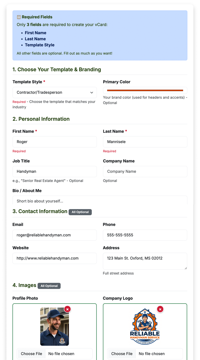 vCard Garden edit form — fill in your info