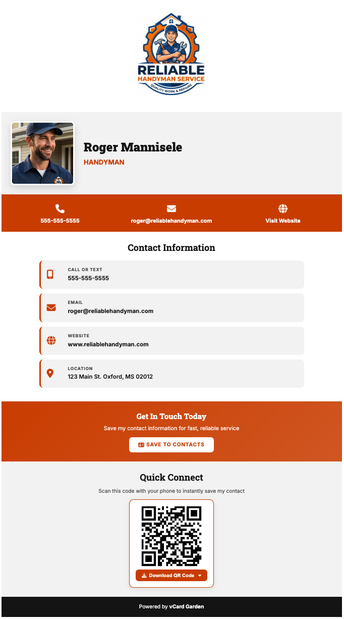 Handyman digital business card showing logo, contact info, services and save contact button