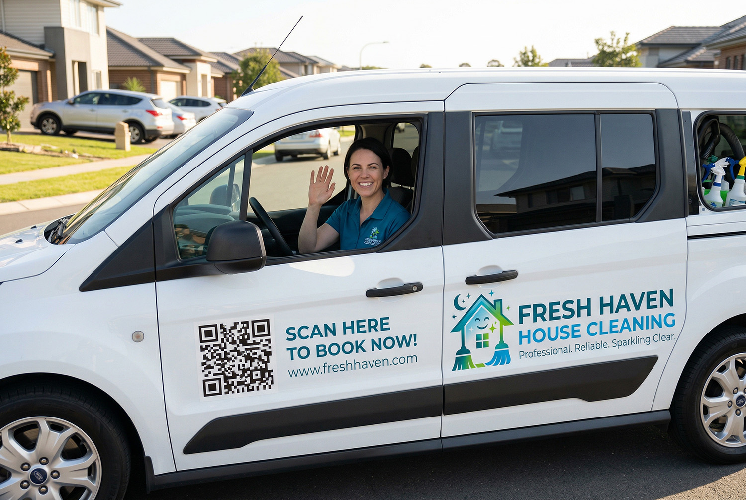 House cleaner in branded van with QR code scan here to book now sign on door