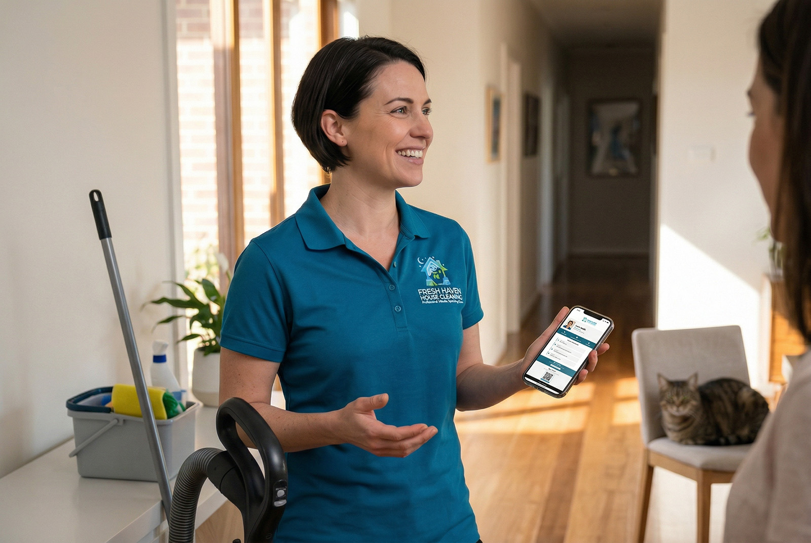 House cleaner showing her digital business card on phone to homeowner