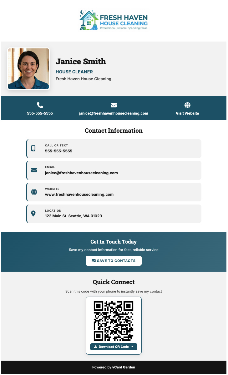 House cleaner digital business card showing logo, contact info, services and save contact button