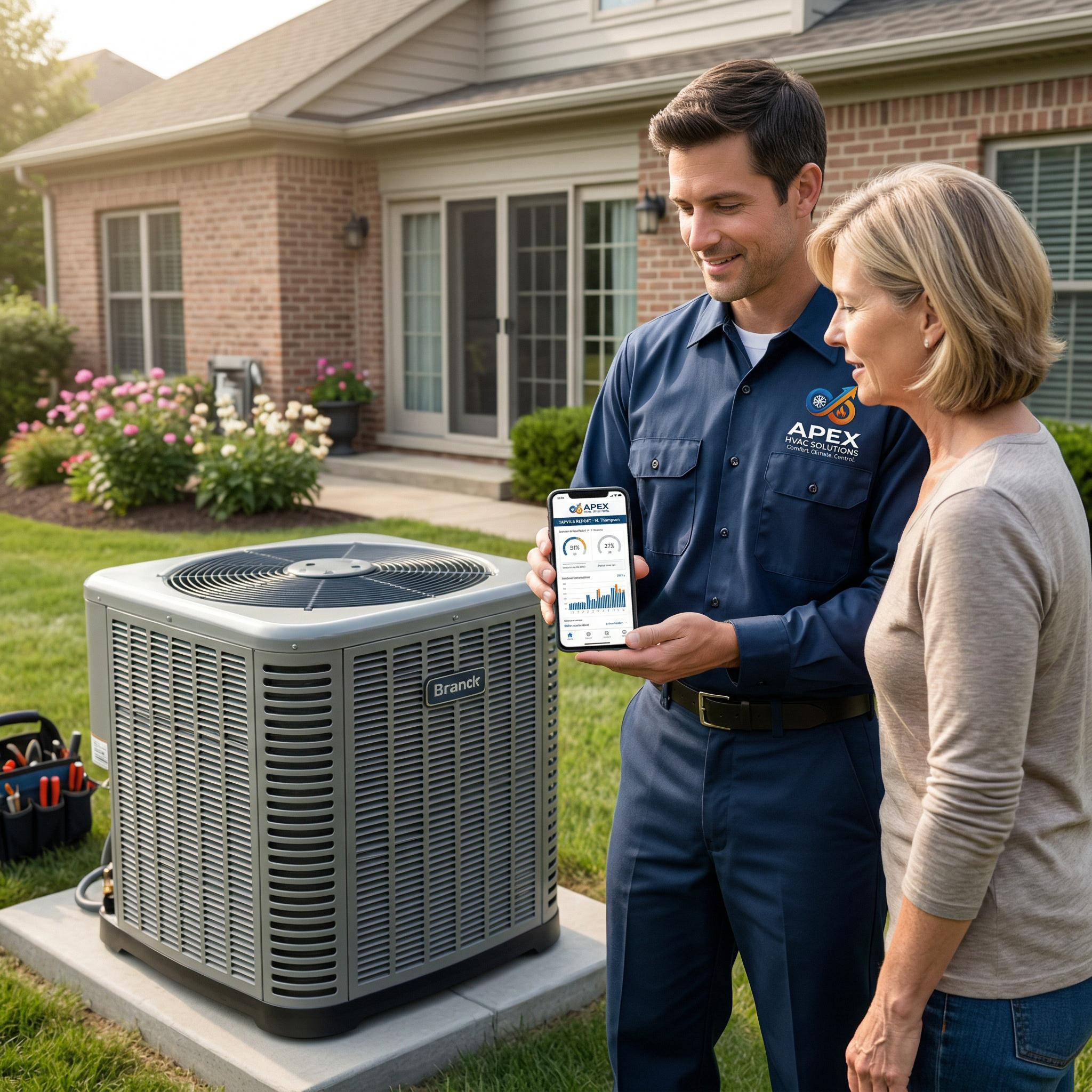 HVAC technician showing digital business card to homeowner next to outdoor AC unit