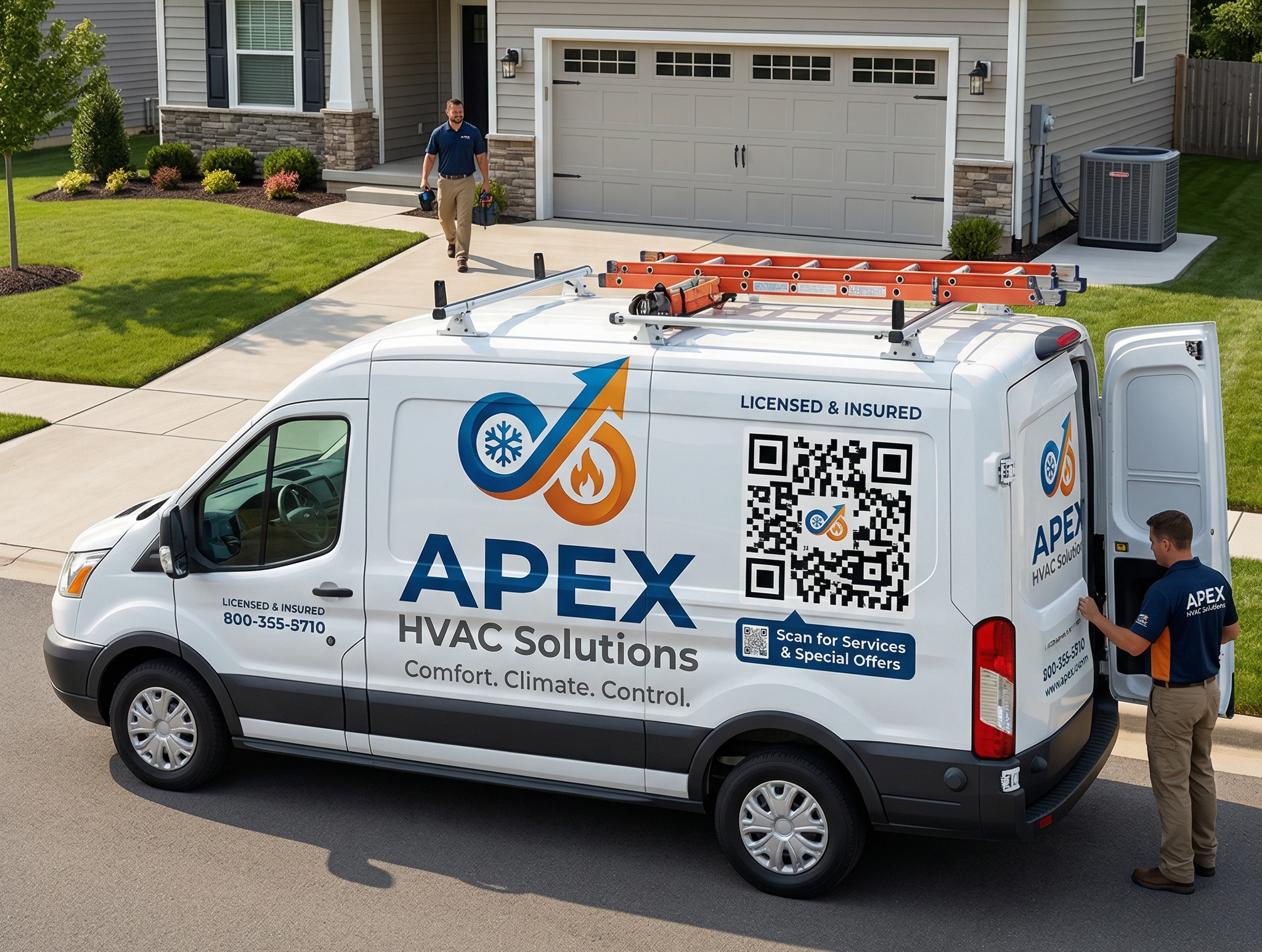 HVAC service van with company branding and QR code parked in residential driveway