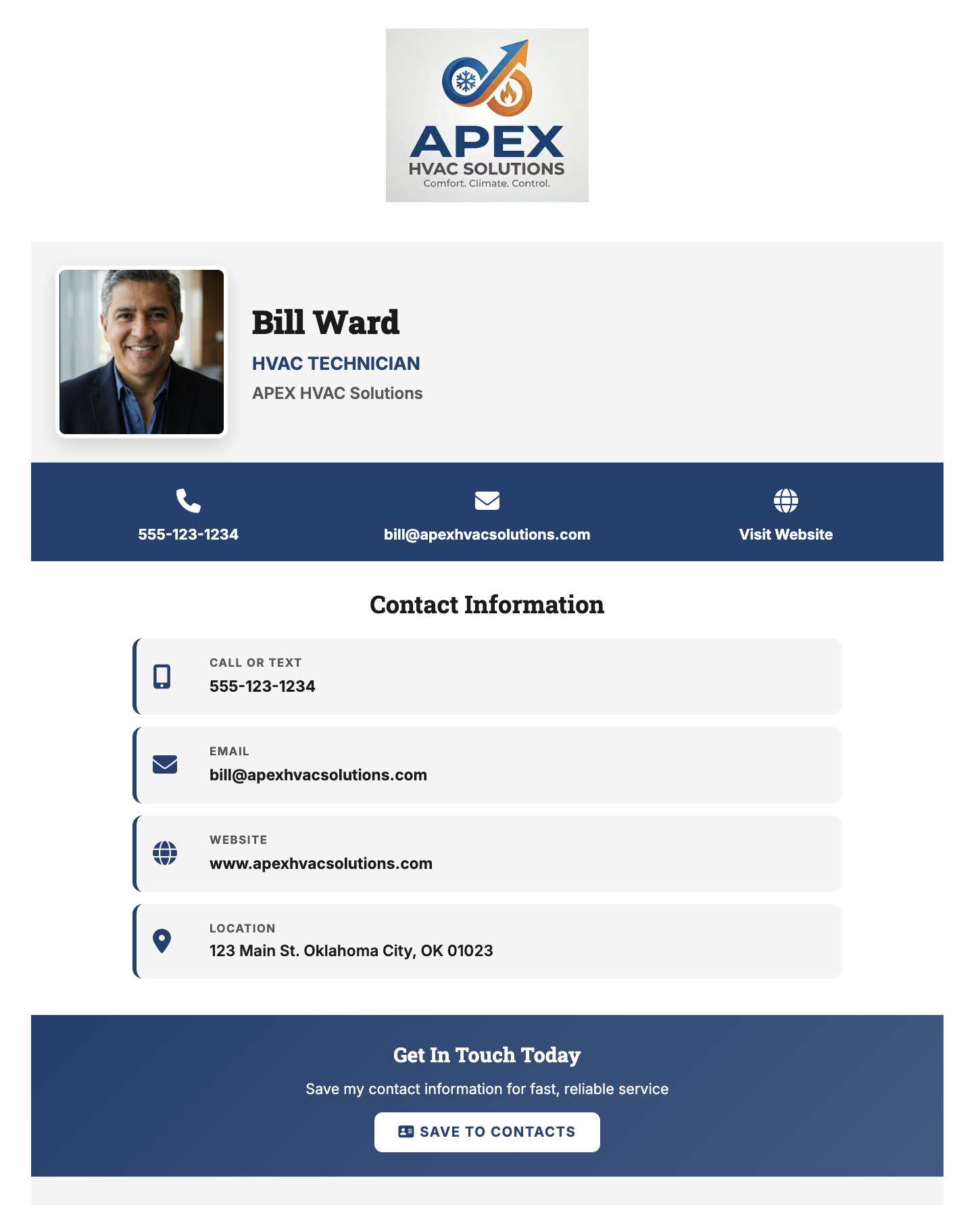HVAC technician digital business card on mobile phone showing company logo, photo, contact info, services, and Save Contact button