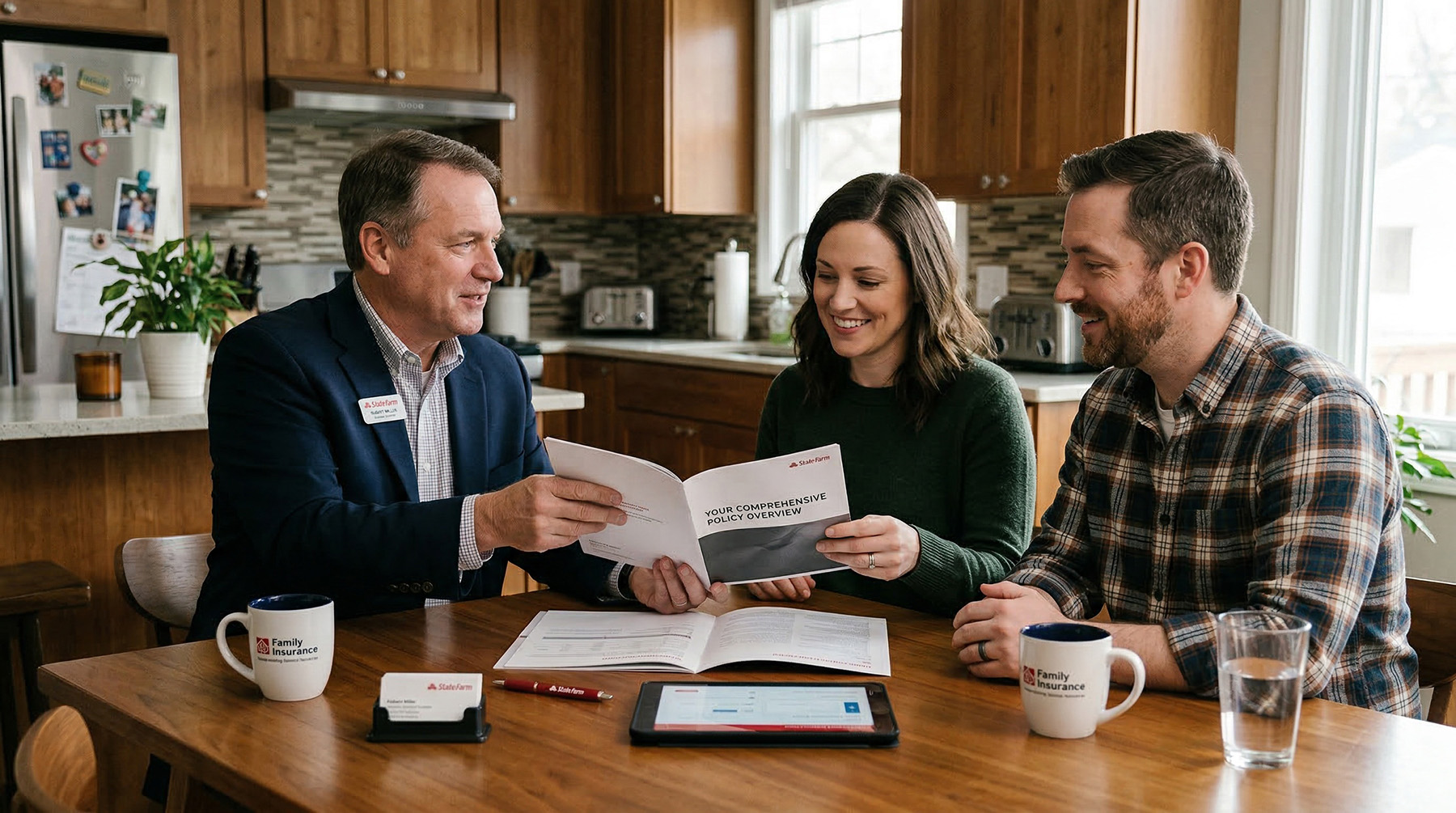 Insurance agent meeting with clients at their kitchen table to review a policy