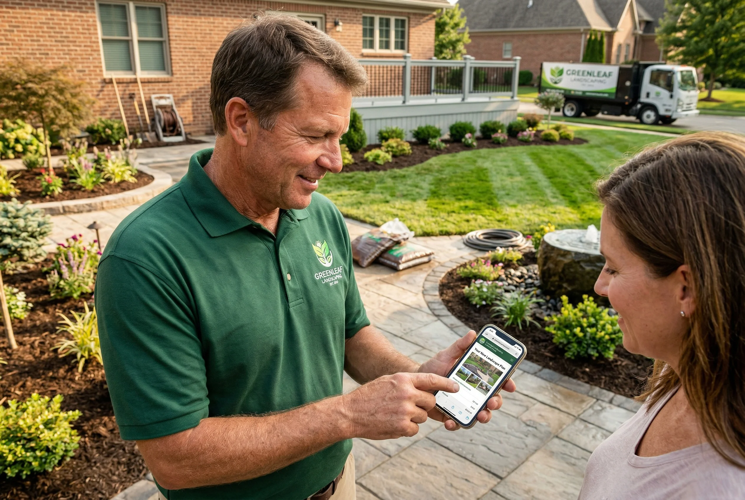 Landscaper showing digital business card to homeowner in a freshly finished backyard