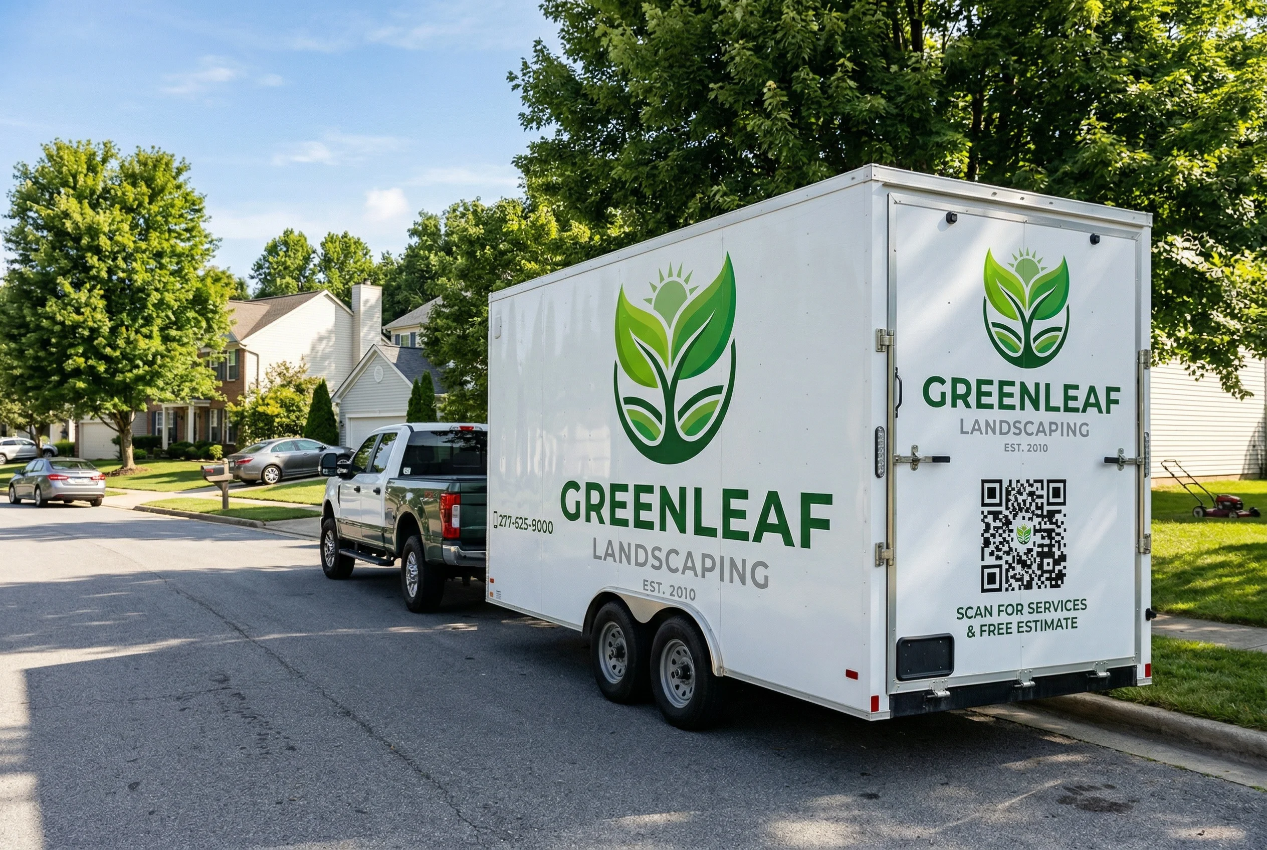 Landscaping company trailer parked on residential street with company branding and QR code