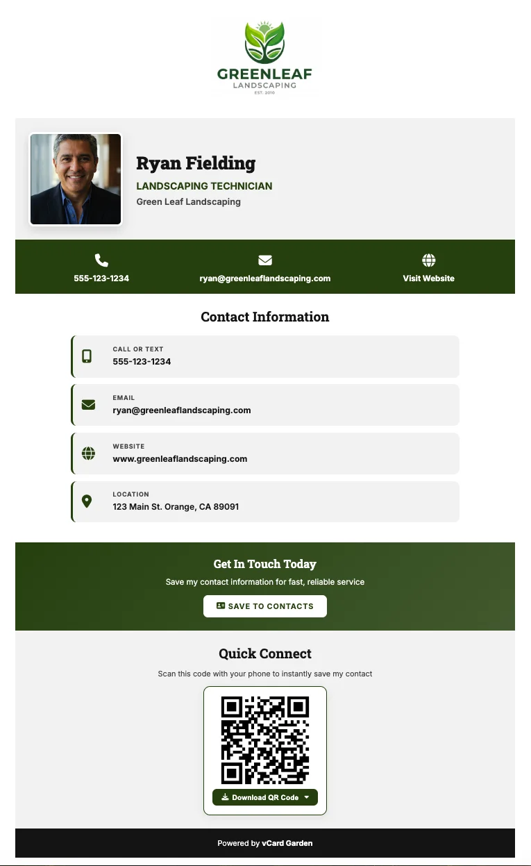 Landscaping company digital business card on mobile phone showing company logo, photo, contact info, services, and Save Contact button