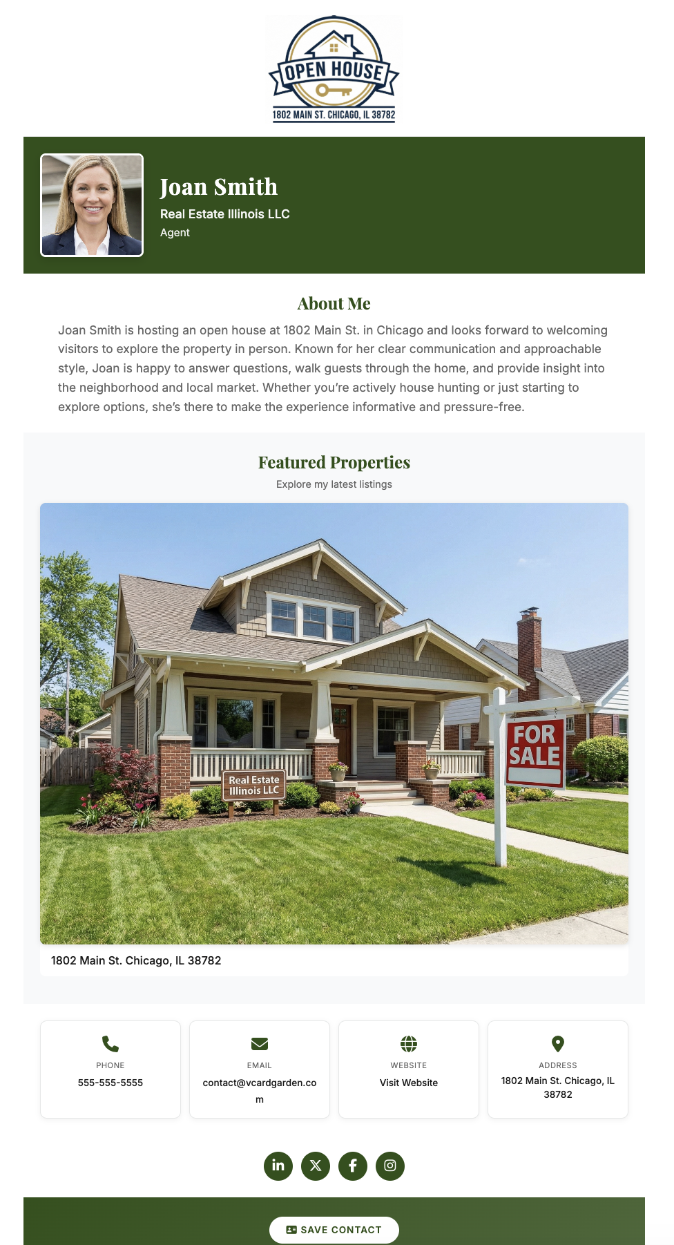 Live preview of open house contact page