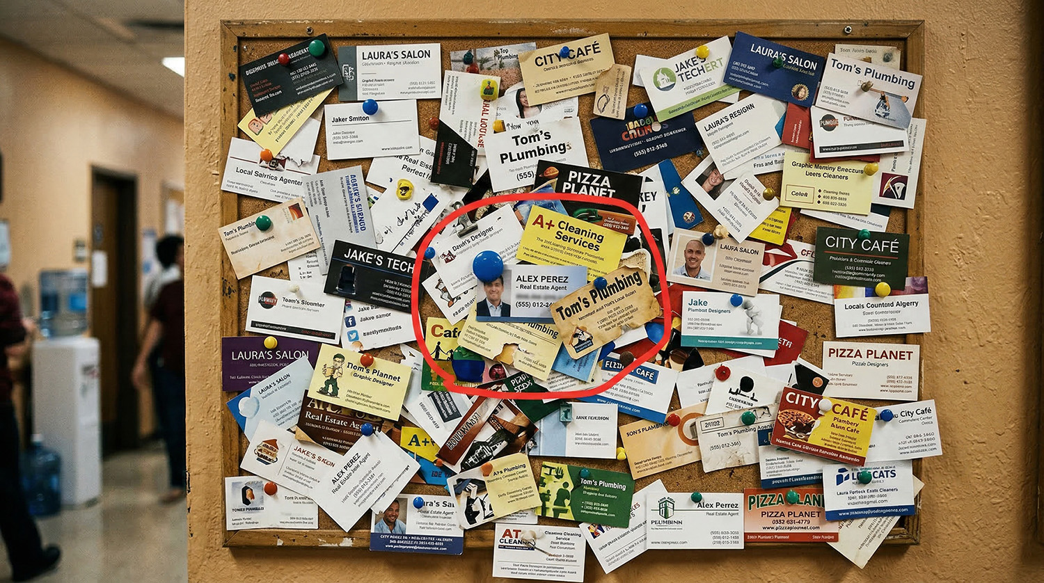 Bulletin board covered in dozens of overlapping business cards