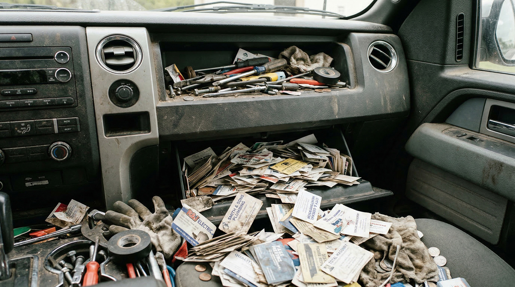 Truck glove box overflowing with crumpled business cards, tools, and work gloves