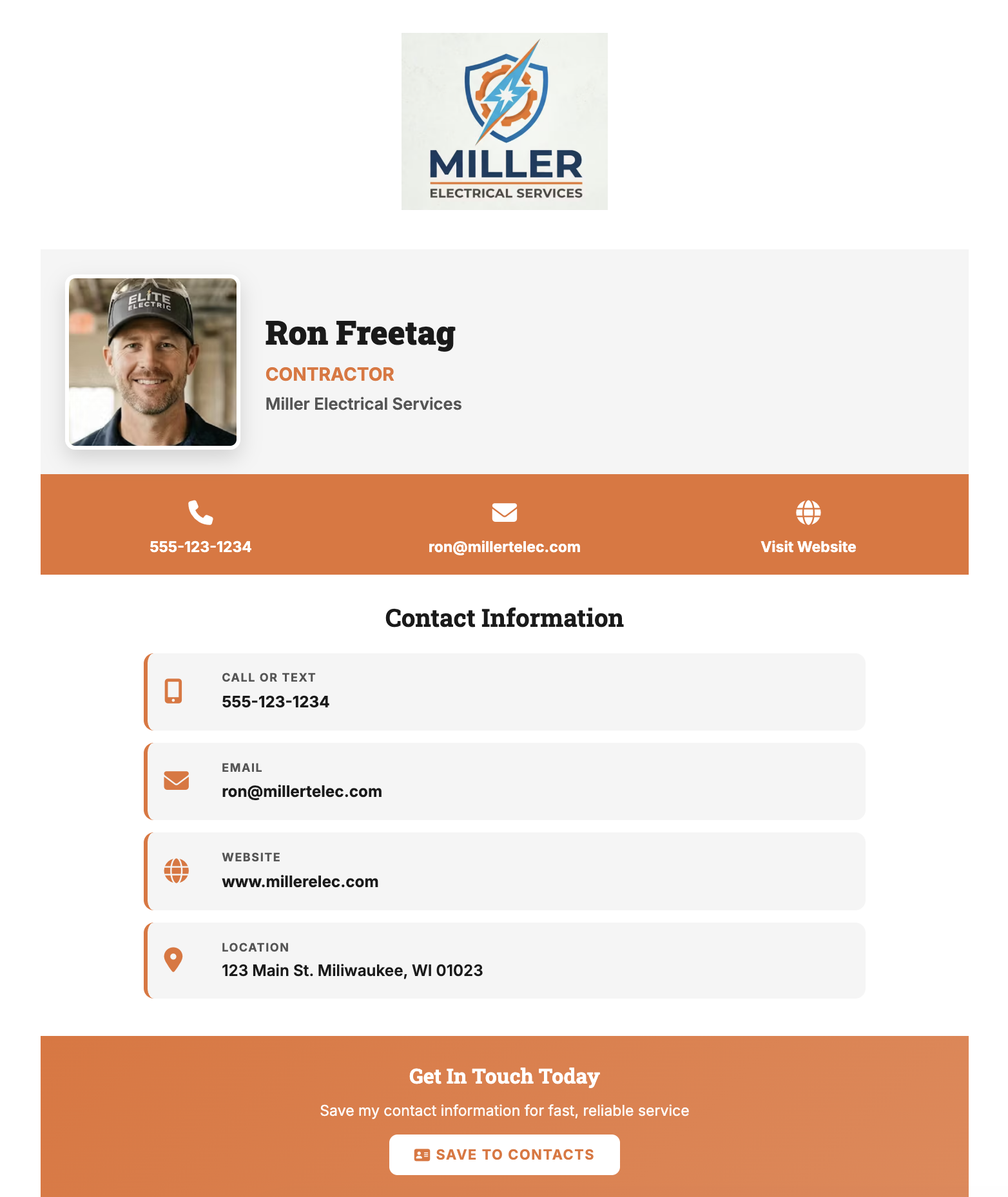 vCard Garden digital business card for an electrician showing company logo, headshot, contact info, and Save to Contacts button