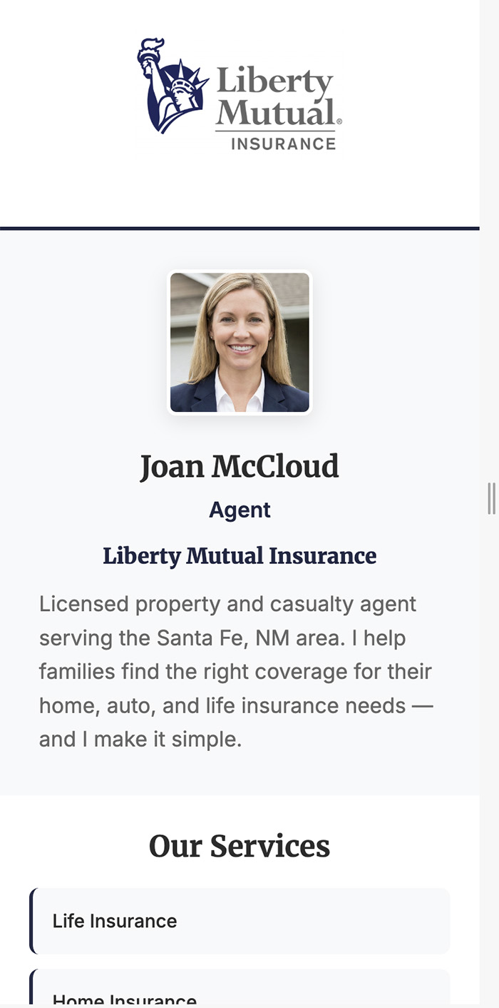 vCard Garden digital business card for an insurance agent showing headshot, agency logo, bio, and services