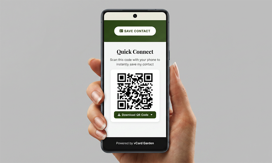 Phone showing a saved contact after scanning an insurance agent's digital business card QR code