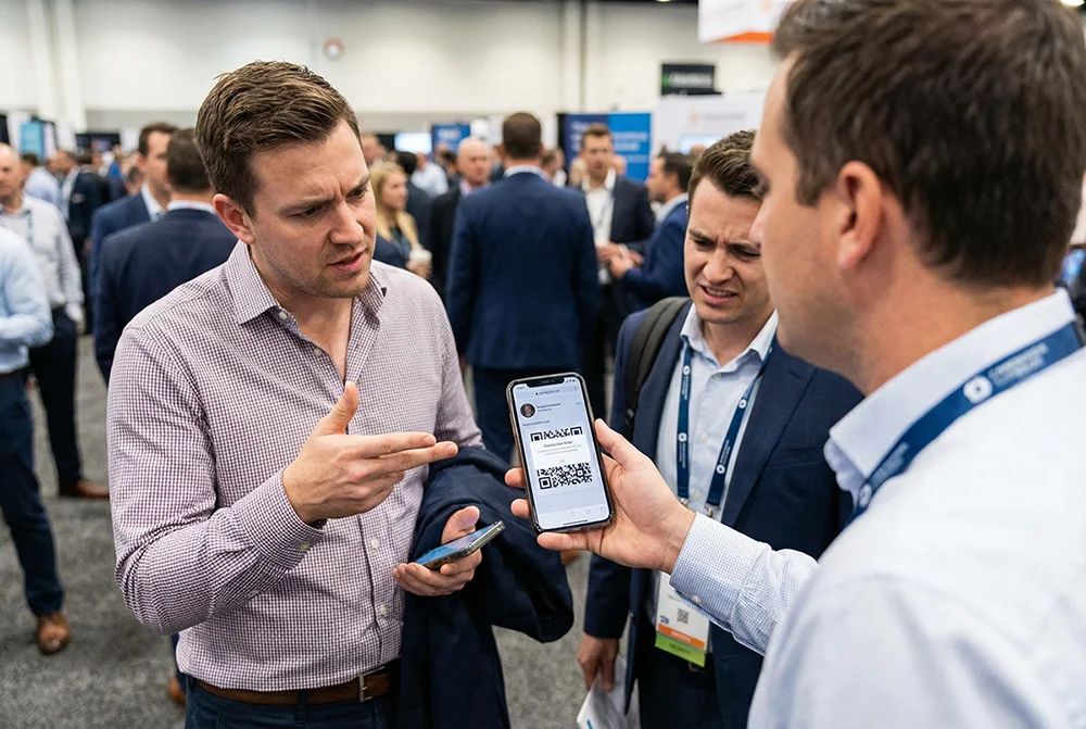 Two professionals exchanging contact information at a networking event using a phone and digital business card