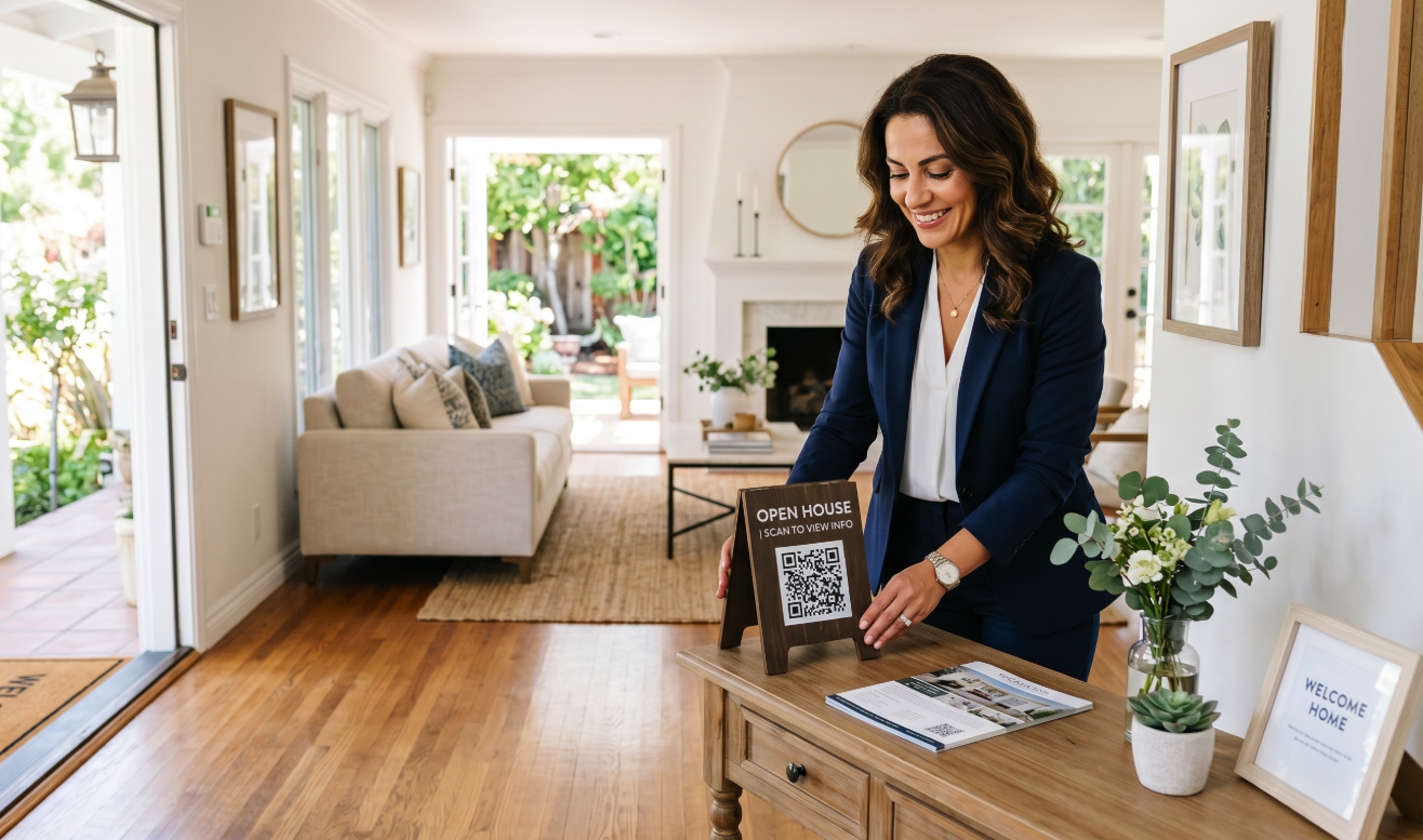 Real estate agent placing a QR code sign at an open house entrance
