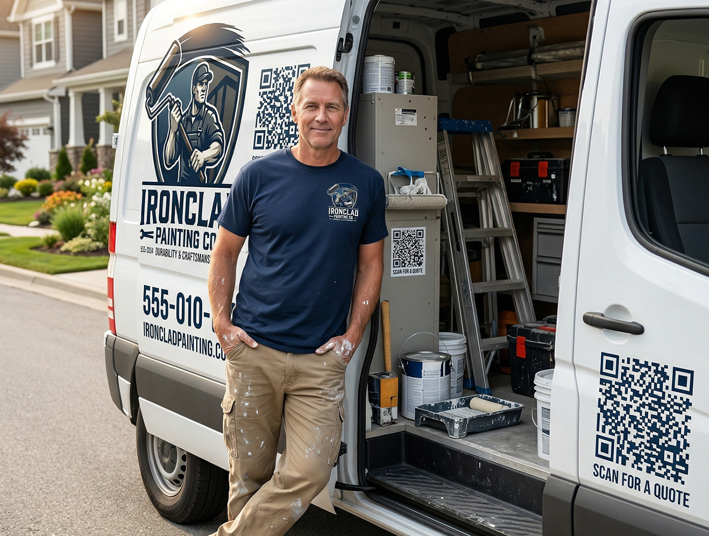 Painter standing next to work van with QR code and scan for a quote sign