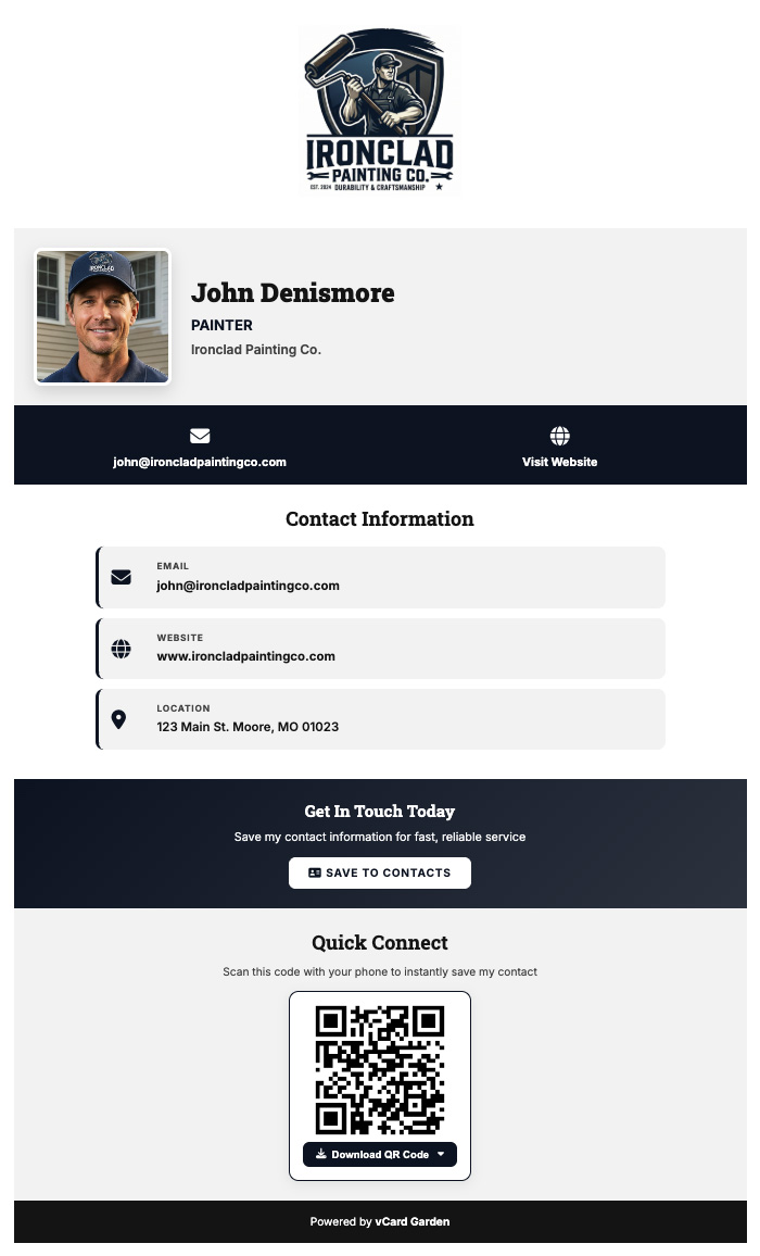 Painter digital business card showing logo, contact info, project photos and save contact button