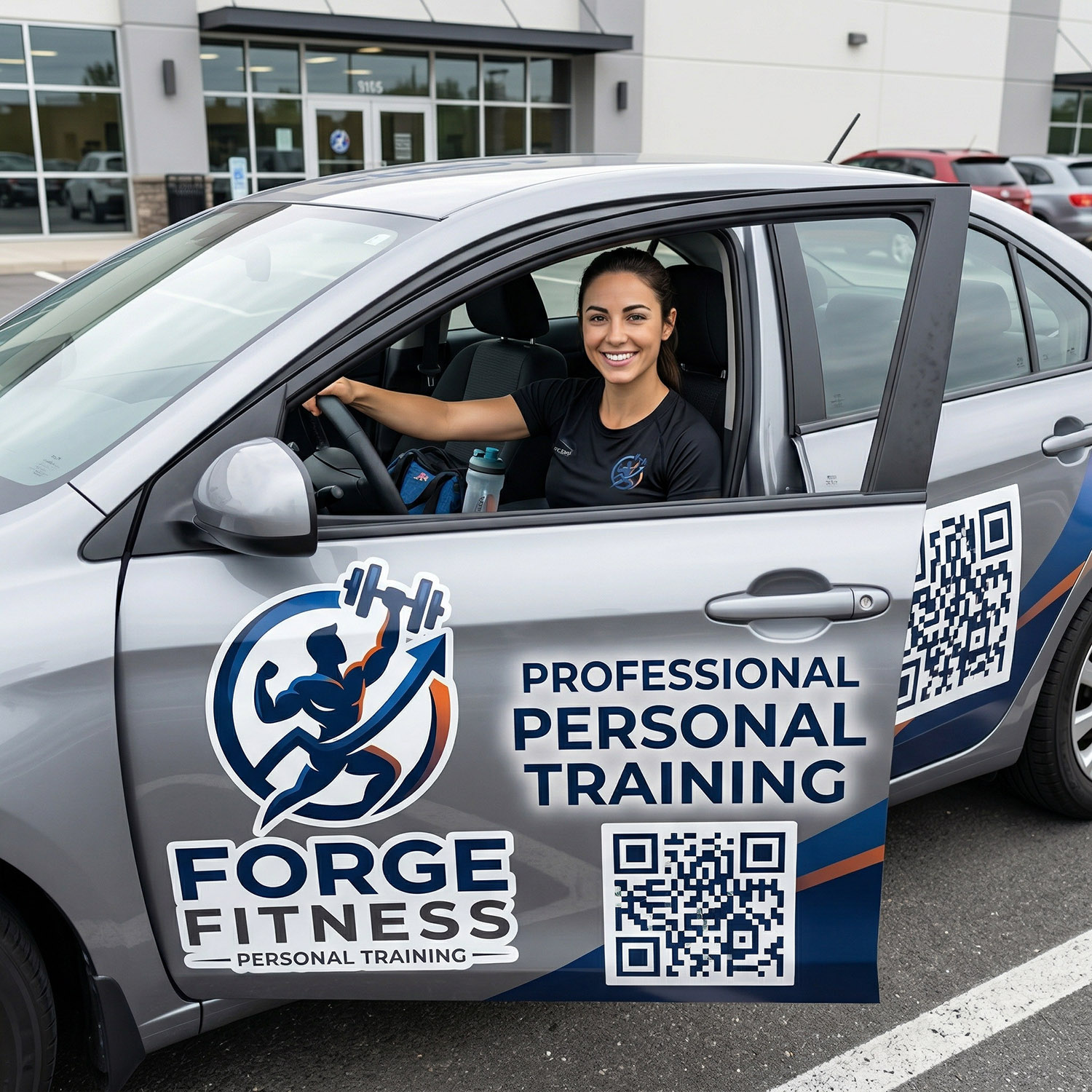 Personal trainer with QR code car magnet advertising her personal training business