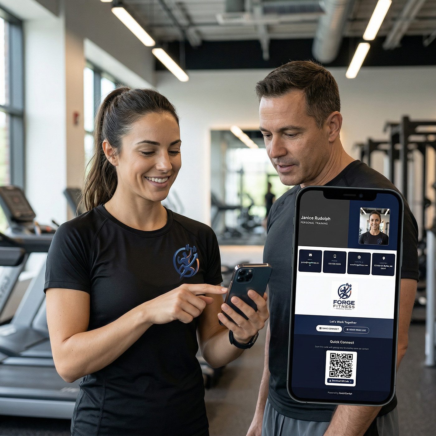 Personal trainer showing her digital business card on phone to client at gym