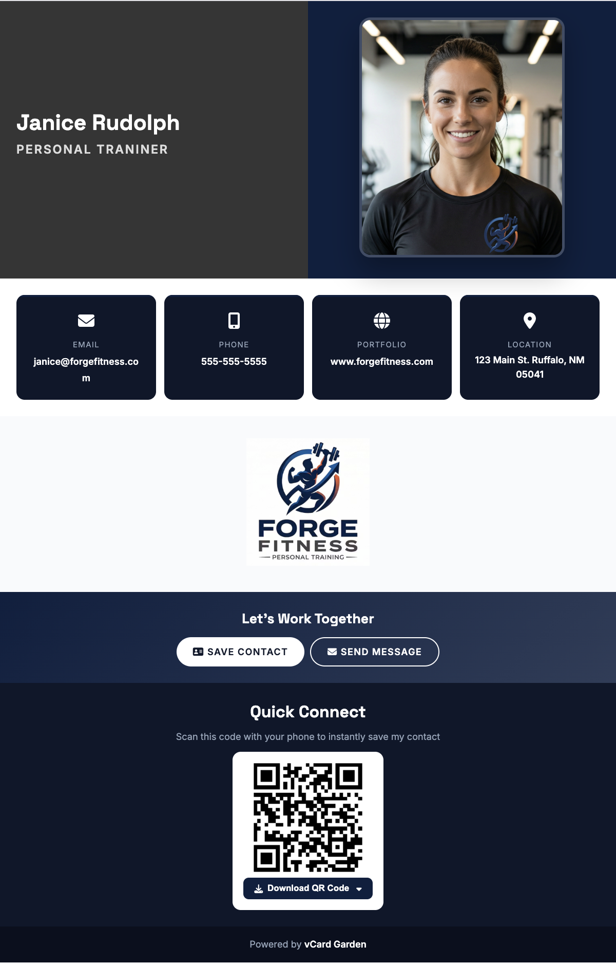 Personal trainer digital business card showing photo, contact info, save contact button and QR code