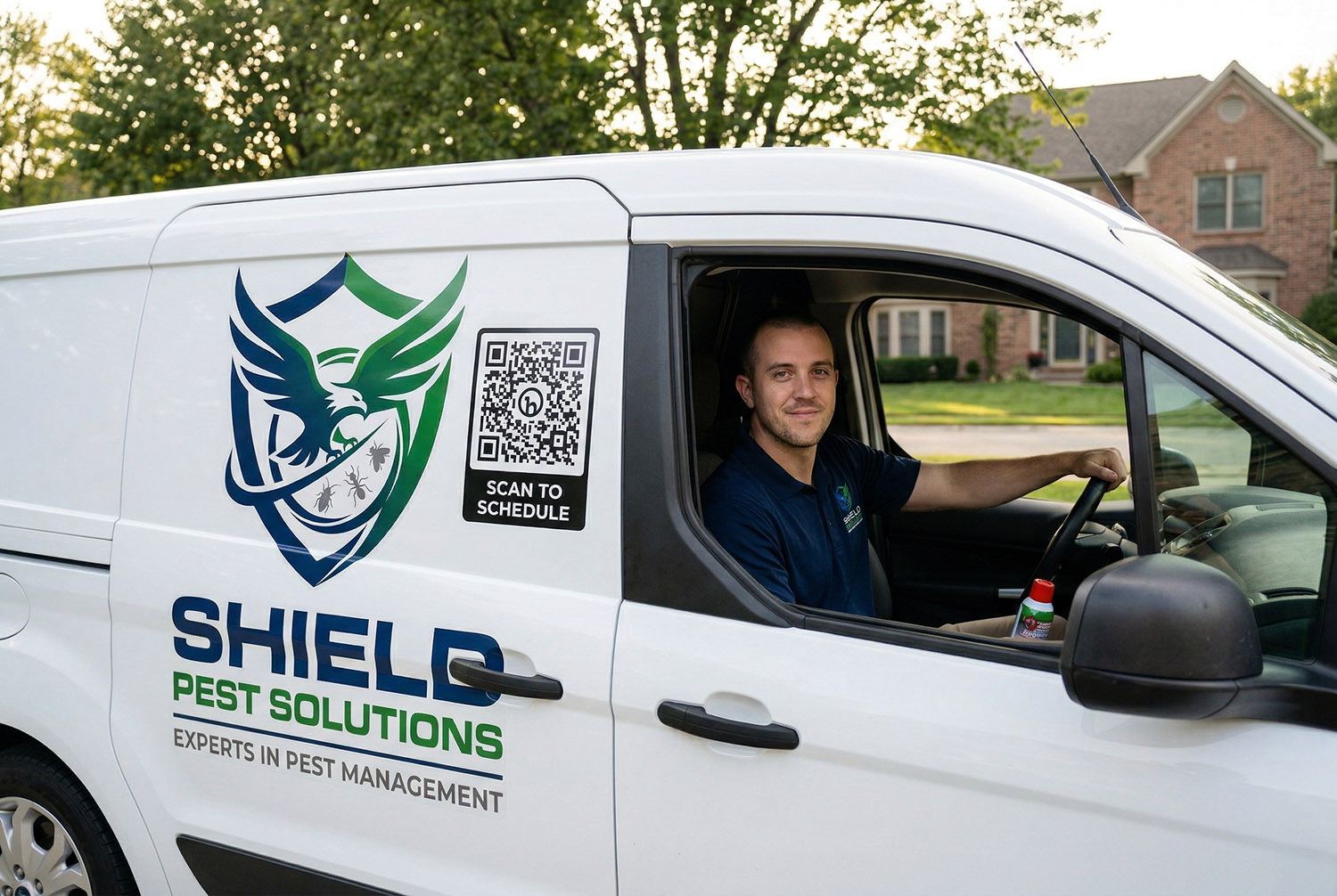 Pest control technician in van with QR code scan to schedule sticker on door