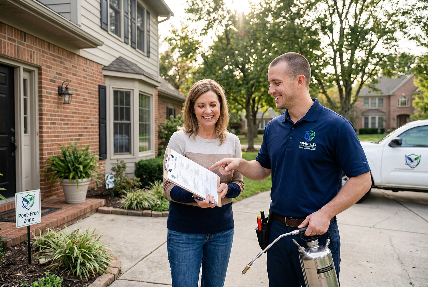 Pest control technician reviewing treatment plan with homeowner at front door